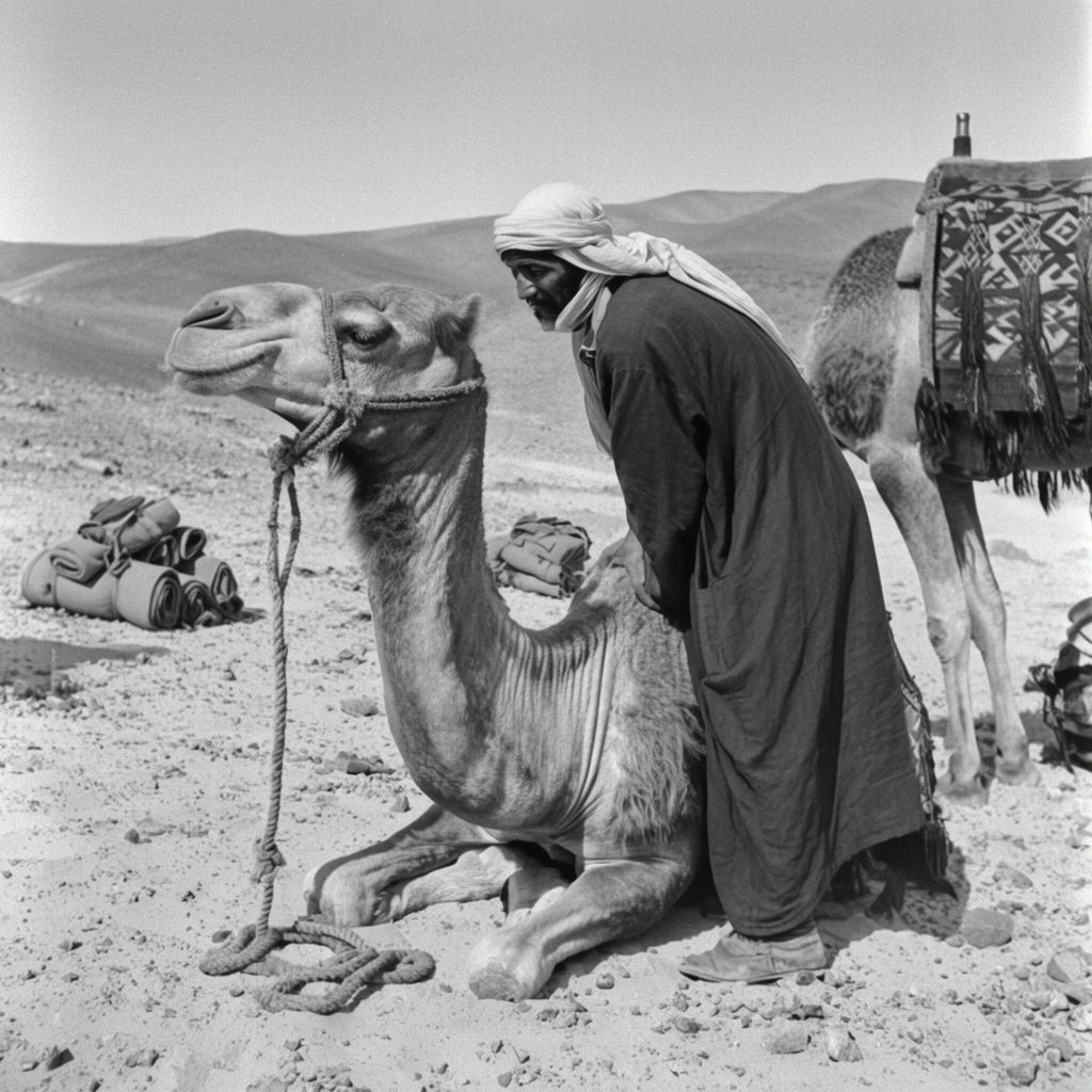Man wearing a dark robe and light headscarf leaning over a seated camel in a rocky desert, making eye contact, thick rope halter resting on the sandy ground, partially visible standing camel with a patterned saddle blanket to the right, rolled gear bundles on the arid terrain, rolling barren hills, clear sky, black and white vintage documentary photography, prominent film grain, wide depth of field, natural daylight