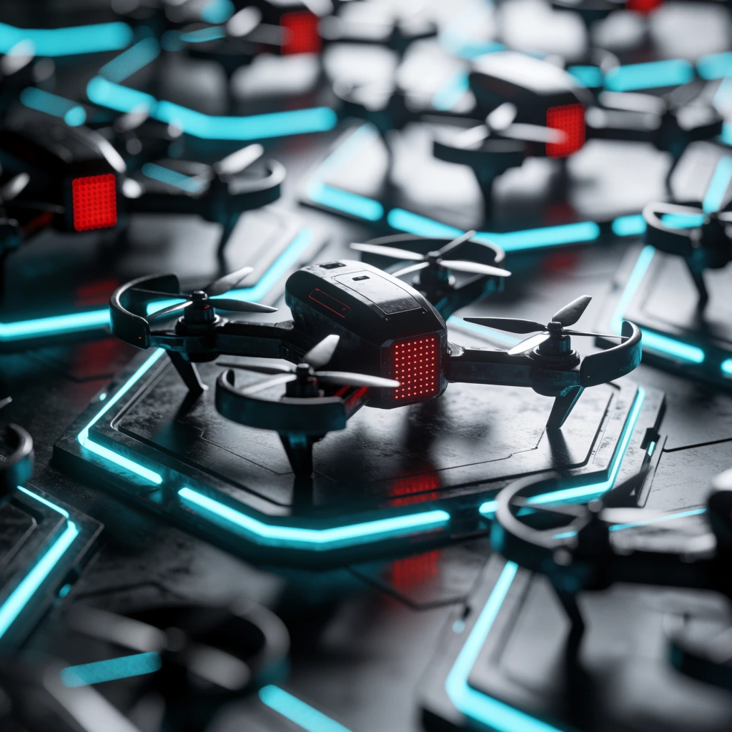 futuristic black quadcopter drones on metallic hexagonal landing pads, central drone in sharp focus with glowing red dot-matrix lights, neon cyan illuminated geometric platforms, shallow depth of field, heavy bokeh, highly detailed 3D render, cinematic sci-fi lighting