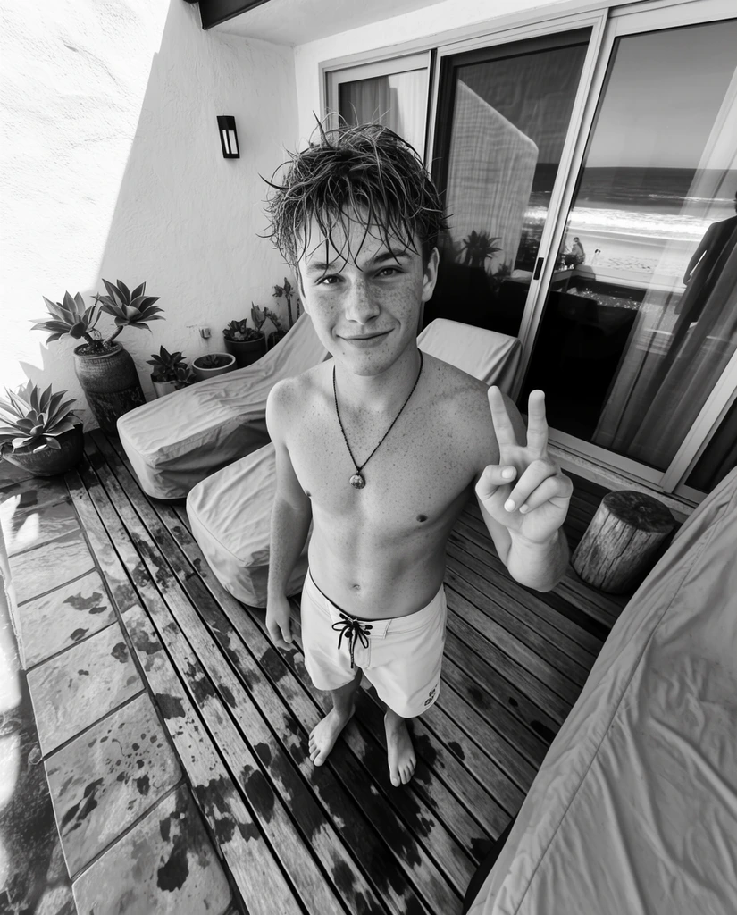 A young, shirtless man with wet, messy hair and freckled skin stands on a slatted wooden patio, looking up at the camera with a slight smile. He wears light board shorts and a pendant necklace, raising one hand in a relaxed two-finger gesture. Shot in high-contrast black and white from a high-angle, wide-lens perspective, the barefoot man is flanked by covered lounge chairs, potted succulents, and a wooden stump. Behind him, sliding glass doors reflect a sunny beach and ocean waves, while bright sunlight casts sharp shadows across the wet deck tiles and white stucco wall.