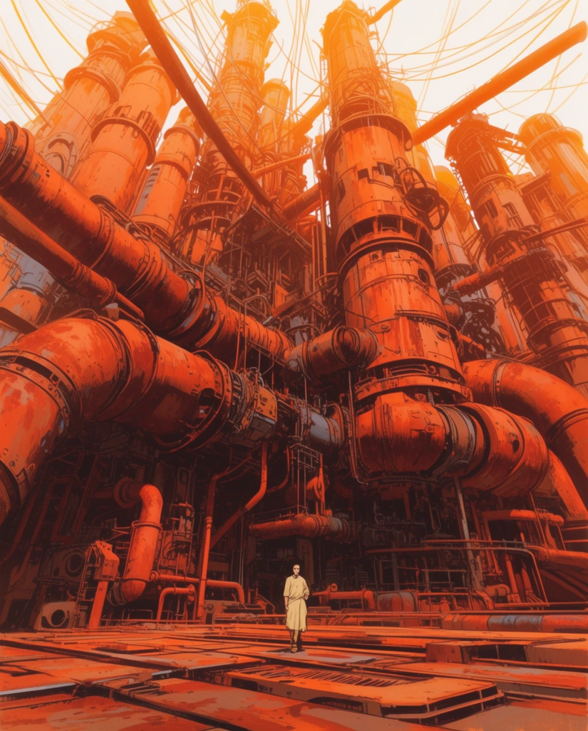 A massive rust-colored mechanical complex towers over a tiny human figure. The dense industrial scene features gigantic pipes, towers, and cables. Rendered as a detailed retro-futuristic illustration with warm orange hues, low-angle perspective, and a bright hazy sky.
