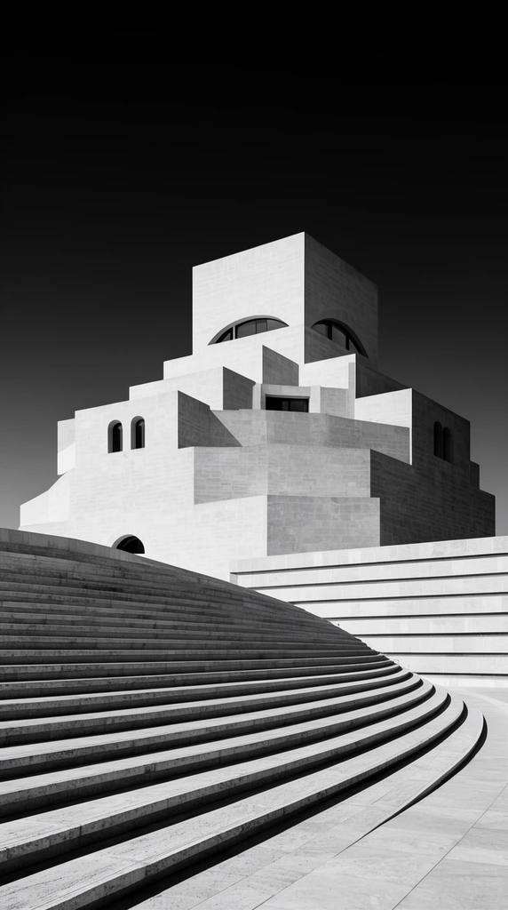 monumental geometric stepped stone building, high contrast black and white photography, stark sunlight, deep shadows, dark arched windows, sweeping curved stairs, gradient pitch-black sky, minimalist architectural composition