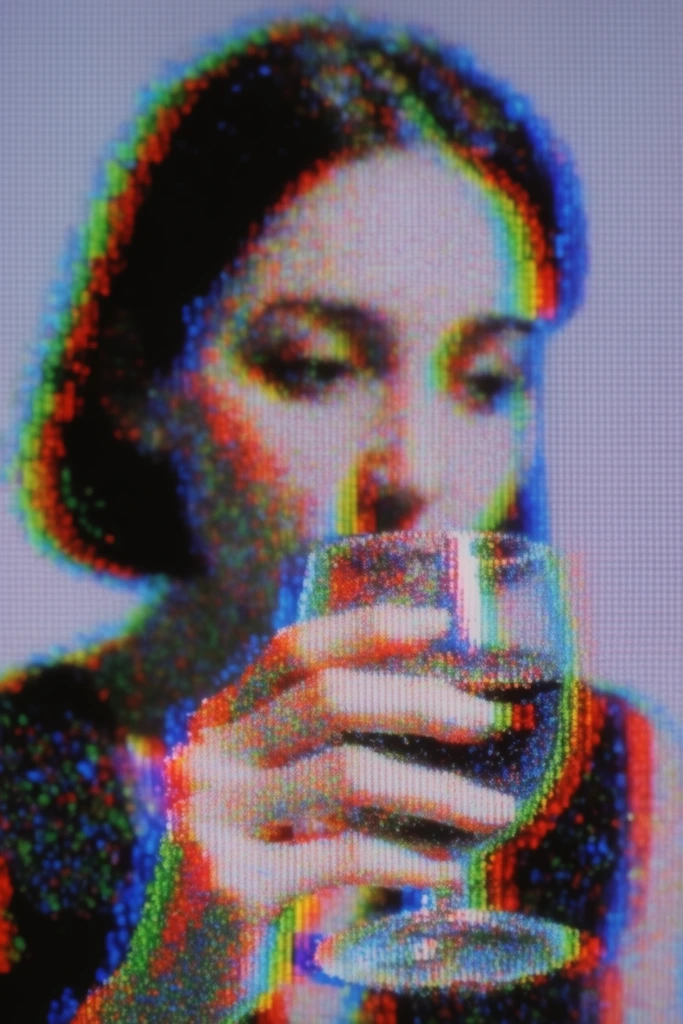 A woman holding a glass, rendered entirely through a macro-photography view of a low-fidelity CRT monitor display characterized by a dense, highly visible RGB subpixel grid structure. Heavy chromatic aberration fractures the edges of the woman's figure, her hands, and the glass into intensely saturated, distinct channels of neon red, green, and blue. The composition exhibits a digital pointillist aesthetic where all forms are constructed entirely from clusters of glowing, pixelated digital noise and glitch artifacts. A pronounced screen-door effect and subtle moiré patterns overlay the entire scene. The background is a pale, cool lavender-grey, uniformly textured by the monitor's interlaced grid. Contours and shadows defining the woman and the reflective surface of the glass emerge from concentrated bands of harsh digital static and separated RGB color distortion, simulating an extreme close-up of a glitching electronic screen.