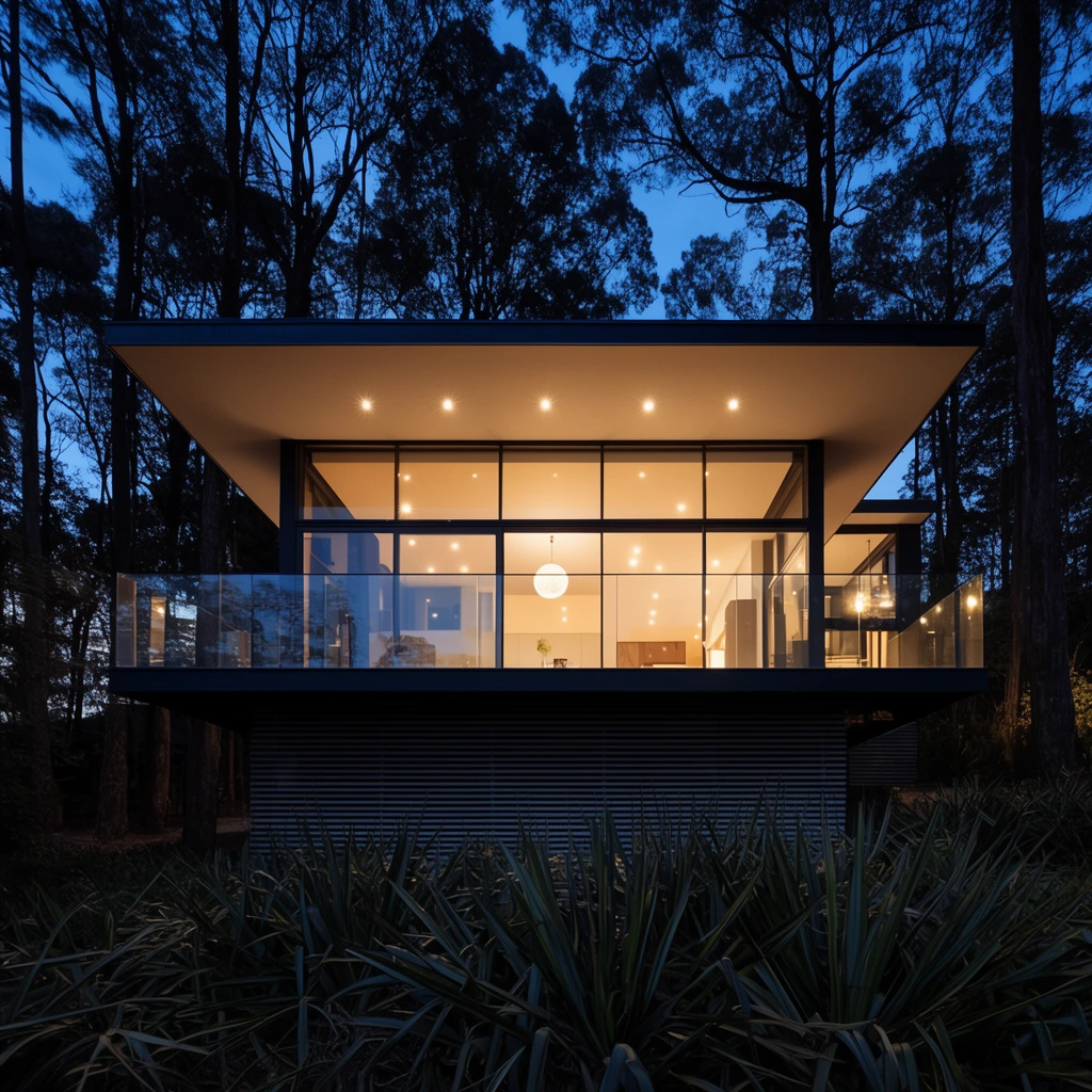 A modern flat-roofed house with expansive glass walls glows warmly within a dark forest at twilight. Elevated on a slatted base, the illuminated interior reveals recessed lights and a globe pendant. A glass balcony wraps the exterior. Tall silhouetted trees and spiky foreground foliage frame the structure. High-contrast architectural photography featuring cool evening tones against warm interior light.