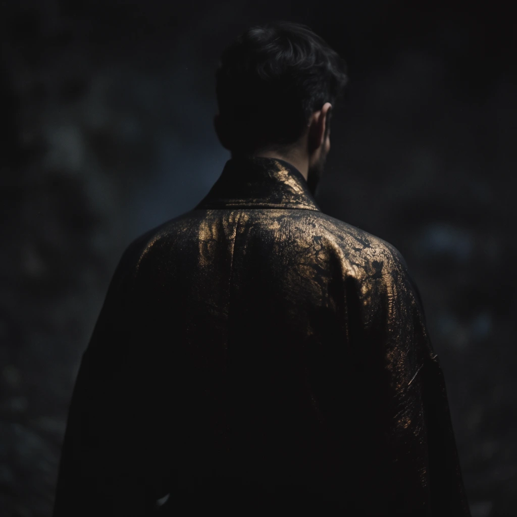 A man seen from behind, anchored centrally within a deeply shadowed, low-key atmosphere. His figure features rich, dark garments accented with intricate, warm metallic gold textures that catch a soft, directional overhead light. The illumination sculpts the contours of his back and shoulders, creating a dramatic chiaroscuro effect that seamlessly blends the lower and outer edges of his silhouette into deep black shadow. The background is a heavily blurred expanse of muted, cool dark grays and faint midnight-blue undertones, providing a shallow depth of field that isolates the subject. The visual execution presents cinematic sharpness on the metallic textured details, contrasting against the soft, diffused grain of the surrounding dark environment to establish a highly tactile, somber, and moody aesthetic.