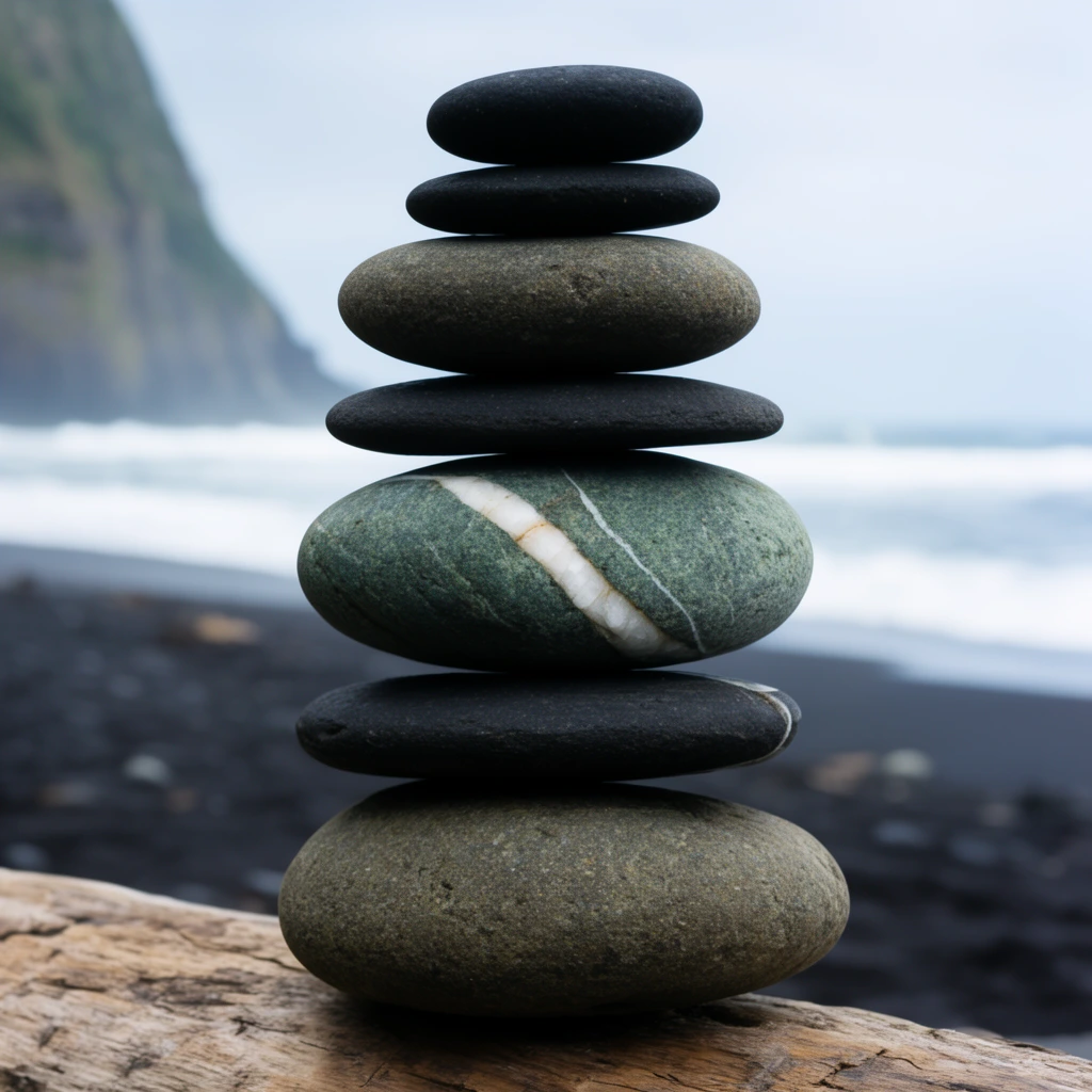 A precisely balanced tower of seven smooth stones stands in sharp focus against a blurred coastal backdrop. The stack rests on rough driftwood, featuring alternating flat dark stones and larger rounded rocks. A prominent greenish-grey stone and one with a striking diagonal white quartz vein anchor the center, topped by a flat black oval. The shallow depth of field softens the background into a hazy expanse of black sand, churning white ocean waves, and a towering distant cliff under a muted, overcast sky, rendered in cool, natural tones.