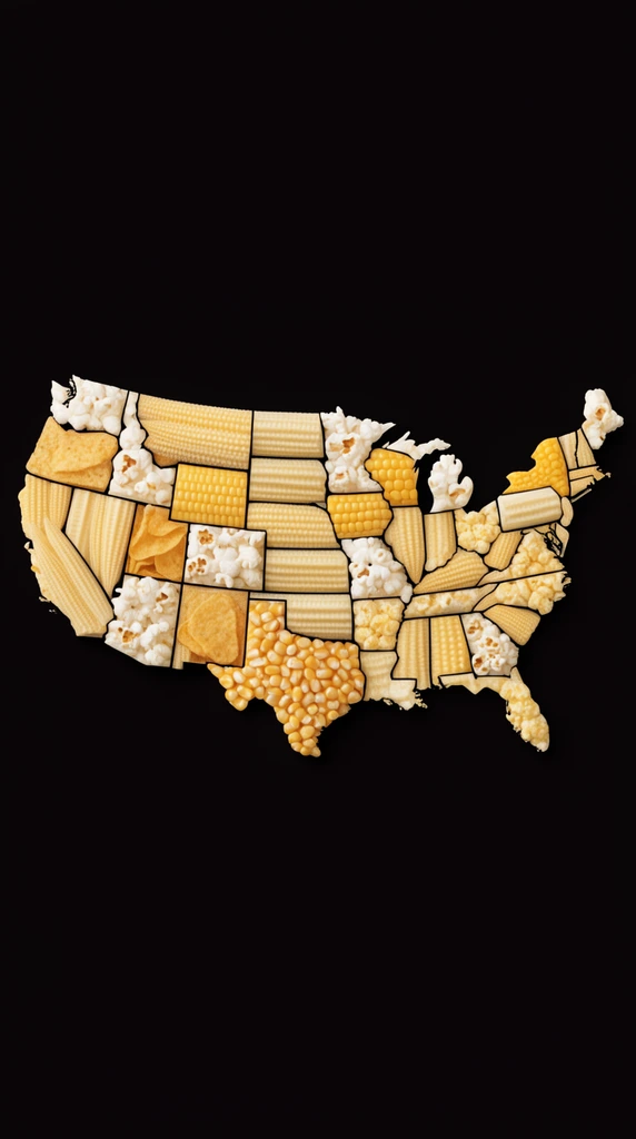 Flat lay map of the United States constructed from assorted corn products, stark black background, textured mosaic of baby corn, kernels, popcorn, and chips, top-down studio lighting