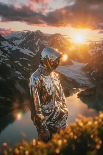 Luminous Metallic Surrealism style reference image — golden hour lighting