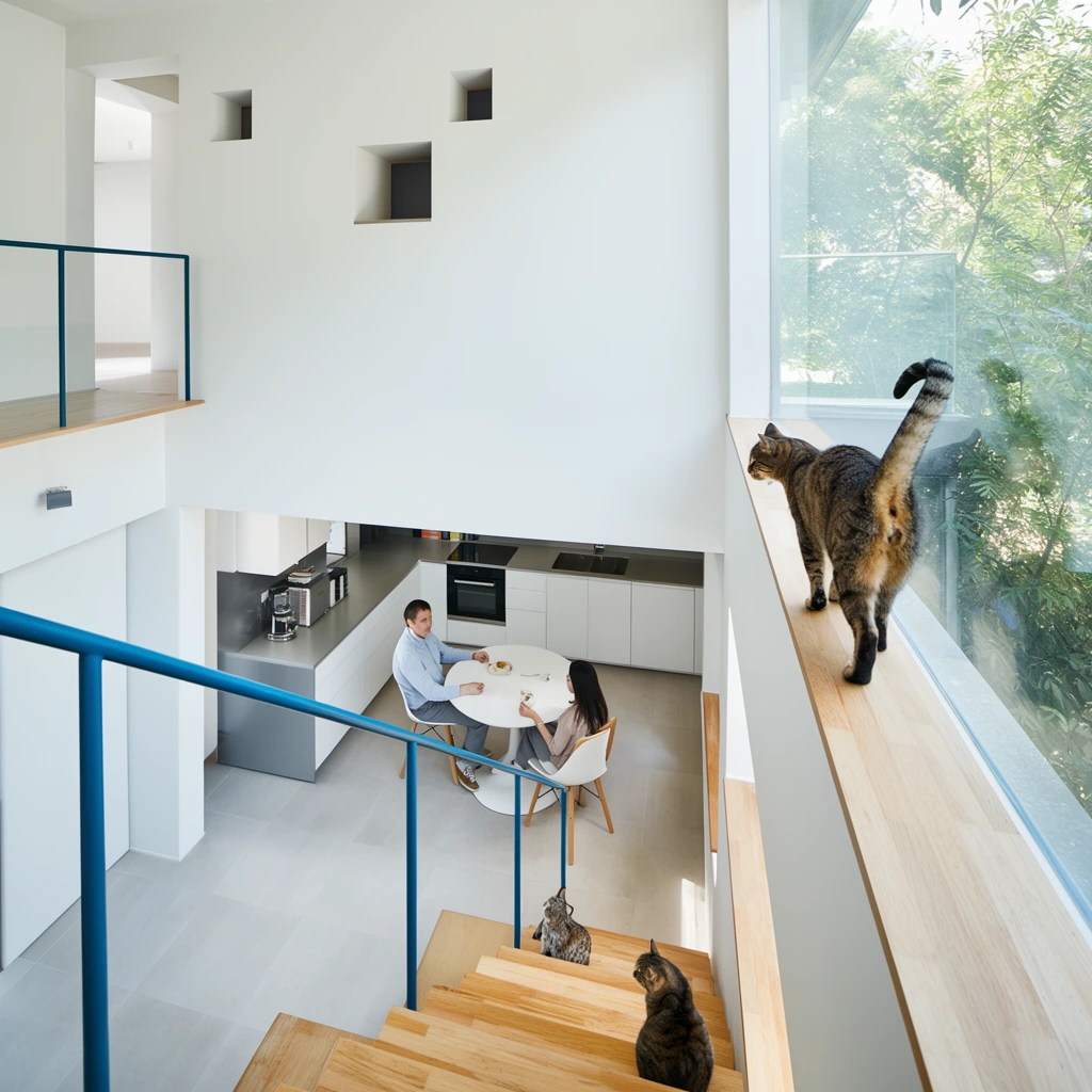 A high-angle wide architectural shot of a multi-level minimalist home bathed in bright natural light. A light wood staircase with a blue metal railing descends toward a modern lower kitchen. Cats occupy various elevations: a tabby balances on a high wooden ledge beside a glass wall revealing greenery, while two other cats rest on lower wooden stair treads. On the ground floor, a man and a woman sit at a round white table near sleek white cabinetry. Soaring white walls, small square interior cutouts, and light grey tiled floors create a spacious, layered composition emphasizing vertical spatial dynamics.