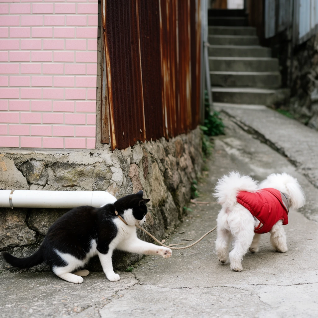 black and white tuxedo cat crouched on a concrete path reaching a paw out to swat a thin rope leash, small white fluffy dog in a red padded jacket walking away attached to the leash, candid street photography capturing animal interaction, natural daylight, building corner featuring pink tiles and rusted brown corrugated metal siding, rough stone foundation with a white horizontal PVC pipe, narrow sloping alleyway leading to background concrete stairs, soft depth of field, eye-level perspective