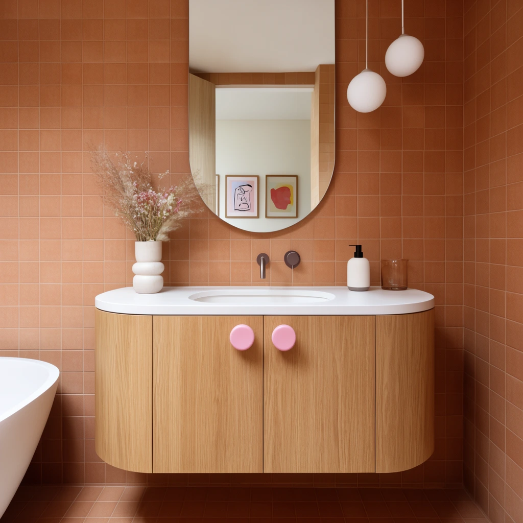 modern warm bathroom interior, curved light oak vanity, round pink knobs, white integrated sink, mirror reflecting framed art, spherical pendant lights, terracotta wall tiles, partial white bathtub