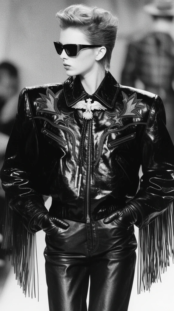 androgynous model, vintage black and white fashion photography, oversized glossy black leather jacket with massive shoulder pads, western embroidery, long sleeve fringe, bold silver bird bolo tie, leather trousers, leather gloves, angular sunglasses, short swept-up hair, hands in pockets, looking sharply left, bright overhead lighting, high contrast film grain, blurred background, avant-garde runway style