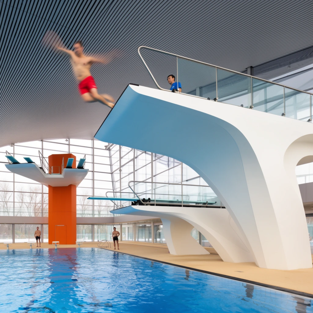 A blurred man in bright red swim trunks leaps mid-air from a high sculptural white diving board in a modern indoor swimming pool complex. The kinetic motion blur of the diver contrasts with the static, sweeping architectural curves of the platform, which features glass safety railings and a watching attendant in a blue shirt. Below, an expansive blue pool is surrounded by a tan deck where two men stand observing the dive. In the background, a tall bright orange pillar supports additional tiered diving boards. The bright space is enclosed by massive floor-to-ceiling glass walls revealing bare trees outside, all under a vast vaulted ceiling lined with thin parallel grey slats. The low-angle architectural photography captures crisp natural light illuminating the clear water and geometric interior design.