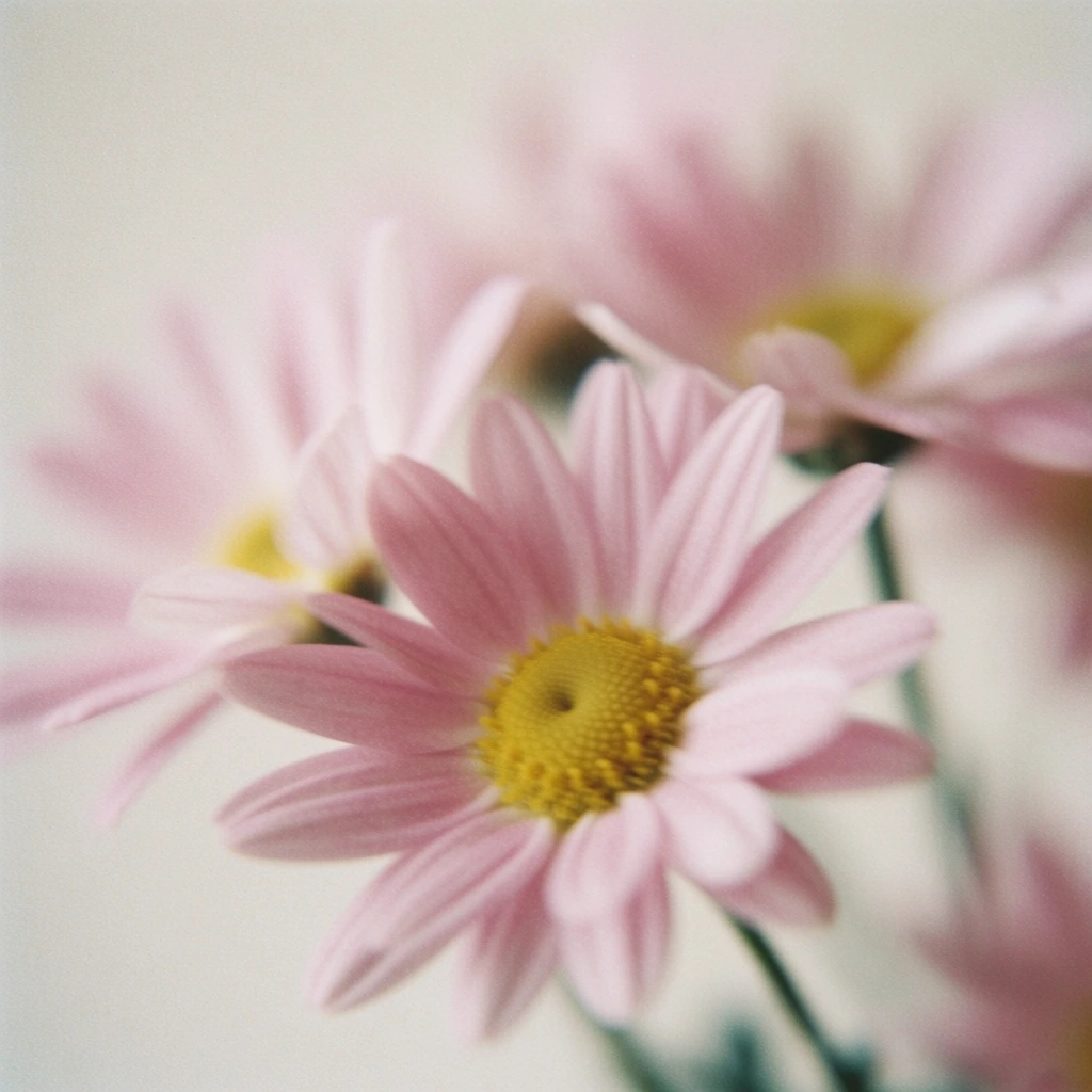 soft pink daisy macro, dreamy photography, ethereal pastel vibe