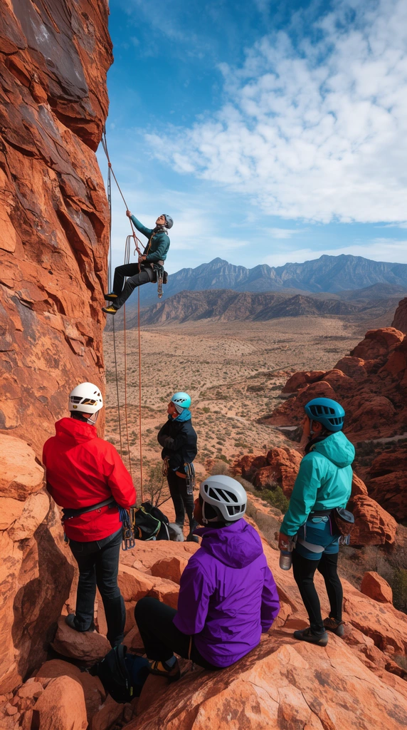 group of rock climbers on a rugged red sandstone cliff, climber suspended on ropes against the vertical rock face, onlookers resting on rocky ledges wearing vibrant red purple and teal jackets with climbing helmets, vast arid desert valley below, distant mountain range, blue sky with scattered clouds, bright daylight, outdoor adventure photography, wide-angle perspective