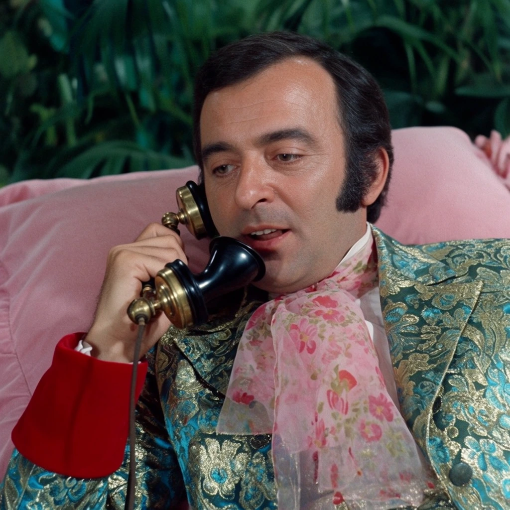 middle-aged man with dark hair and sideburns speaking into an antique gold and black candlestick telephone, wearing a lavish teal and gold floral brocade jacket with red cuffs, sheer pink floral cravat, reclining against a soft pink pillow, lush dark green tropical plants in softly blurred background, cinematic medium close-up, vintage 1970s film aesthetic, shallow depth of field, vibrant colors