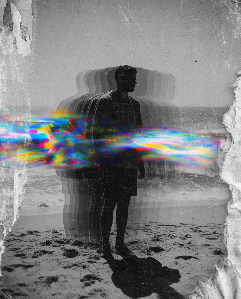 A gritty, black-and-white distressed photograph of a man standing on a beach, violently interrupted by a horizontal slash of vibrant digital glitch art. The man stands upright on the textured sand, casting a dark, distinct shadow into the immediate foreground. Emanating from his side are multiple translucent, stuttering silhouettes of his own figure, creating a ghostly, staggered double-exposure effect trailing horizontally outward. Tearing across his midsection and the ghostly echoes is a harsh, smeared band of intense chromatic aberration, bursting with prismatic streaks of cyan, magenta, yellow, and neon green. The surrounding environment consists of a stark grayscale ocean stretching toward a blank sky. The entire composition is overlaid with heavy film grain, deep scratches, and the weathered appearance of a damaged physical print. Rough, torn paper textures with fibrous, peeling white borders encroach from the left and right edges, blending raw vintage photographic degradation with hyper-modern, fluorescent data moshing.