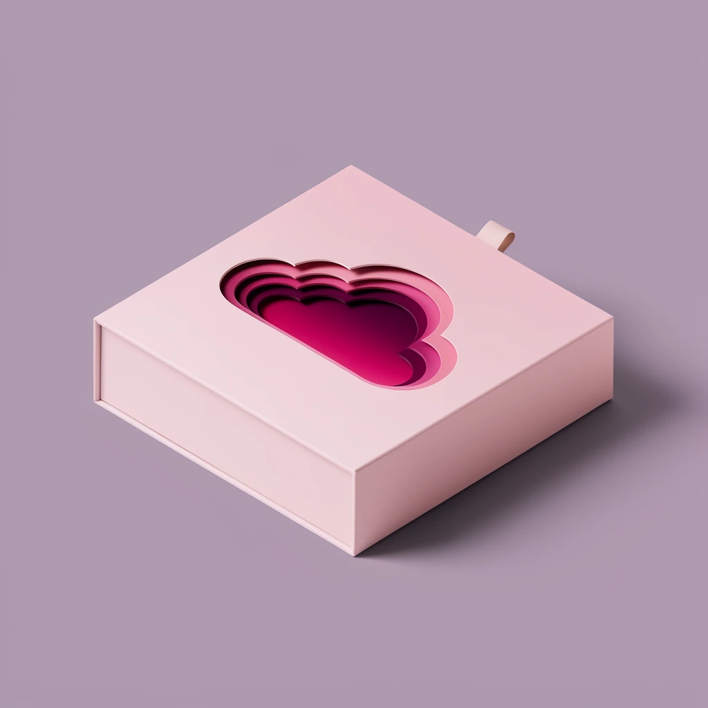 isometric square pale pink packaging box, top surface featuring a recessed multi-layered cloud motif in gradients of deep magenta and fuchsia, small fabric pull tab on the back edge, solid muted lavender background, soft drop shadow, minimalist product mockup, sleek 3D graphic design aesthetic