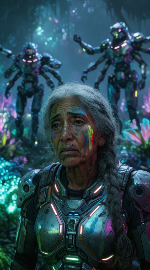 close-up of an older Hispanic woman with long gray braided hair, face smeared with dirt and neon grease, wearing a high-tech metallic scavenger suit with glowing accents, exhausted expression, two towering four-armed robotic companions behind her out of focus, dense bioluminescent alien jungle at night, cinematic medium shot, shallow depth of field, cool cyan and magenta palette, harsh directional rim lighting, gritty sci-fi aesthetic