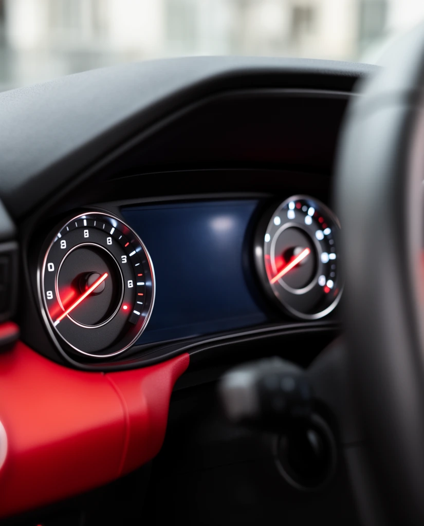 modern illuminated car instrument cluster, dual circular analog gauges, glowing red indicator needles, dark central digital screen, vibrant red dashboard trim, blurred black steering wheel in foreground, shallow depth of field, automotive close-up photography