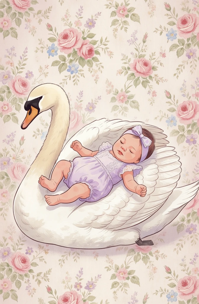 a beautiful newborn baby girl lies on the back of an elegant swan, against the backdrop of a vintage wallpaper with flowers and soft pastel colors. the setting is romantic and nostalgic, creating a dreamy atmosphere for photography studio backgrounds. digital backdrop text "newborns". this digital background would be perfect as a prop in portrait photography, providing a unique and enchanting element to your photoshoot scenes. in the style of mandy disher, trending on pexels, digital airbrush painting.