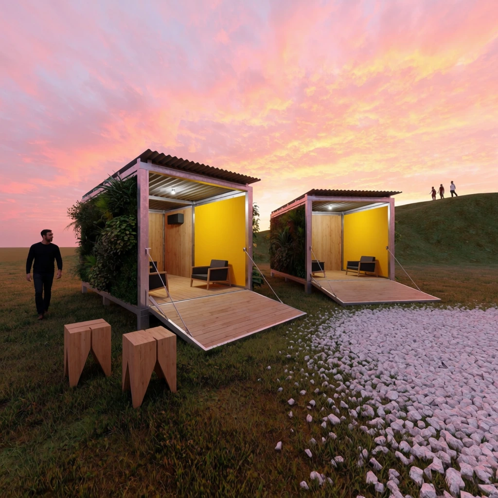 Two open-air, modular architectural pods sit on a grassy field beneath a vivid pink and gold sunset sky. The rectangular structures feature metal frames, corrugated roofs, and wooden drop-down ramps leading into interiors with bright yellow panels, wood cladding, and minimalist dark armchairs. The left pod includes an exterior living wall covered in dense foliage. Rough white gravel transitions into the grass in the right foreground. A man in dark clothing walks toward the left pod past two geometric wooden stools, while three small figures crest a sloping green hill in the distant background. The scene is a 3D architectural visualization with a wide-angle perspective and soft ambient lighting.