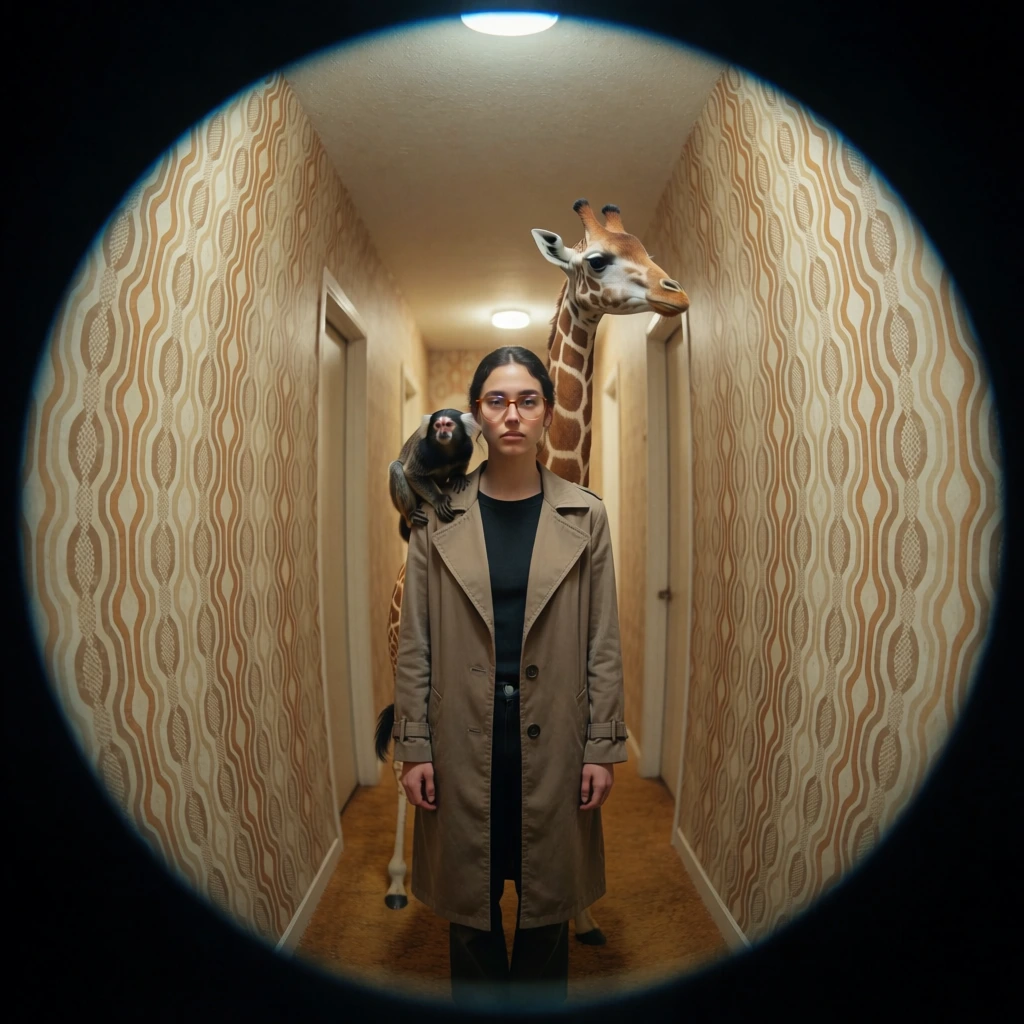 ultra-wide fisheye lens perspective through a circular peephole, centered symmetrical composition in a retro liminal hallway, a girl in a muted tan trench coat, a small marmoset on her shoulder, a miniature giraffe standing directly behind her, patterned beige wallpaper, navy blue floor runner, overhead square light grid ceiling, desaturated earth tones, cinematic 1970s film aesthetic, soft diffused lighting, surreal atmosphere, grainy texture, vintage lens distortion