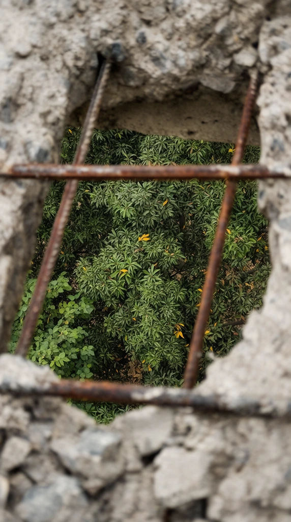 downward perspective through a jagged hole in rough grey concrete, out-of-focus rusty metal rebar grid spanning the opening, blurred foreground framing, sharp focus on a dense green tree canopy below, lush foliage with scattered yellow leaves, natural daylight, high angle shot, shallow depth of field, earthy color palette