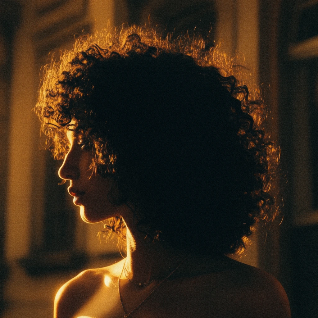 A cinematic profile of a woman with voluminous curly dark hair, illuminated by striking golden rim lighting against a heavily shadowed background. High-contrast chiaroscuro styling highlights her facial silhouette, bare shoulders, and delicate necklace. The intensely grained image is dominated by deep amber tones and softly blurred architectural background structures, evoking a moody, vintage film aesthetic.