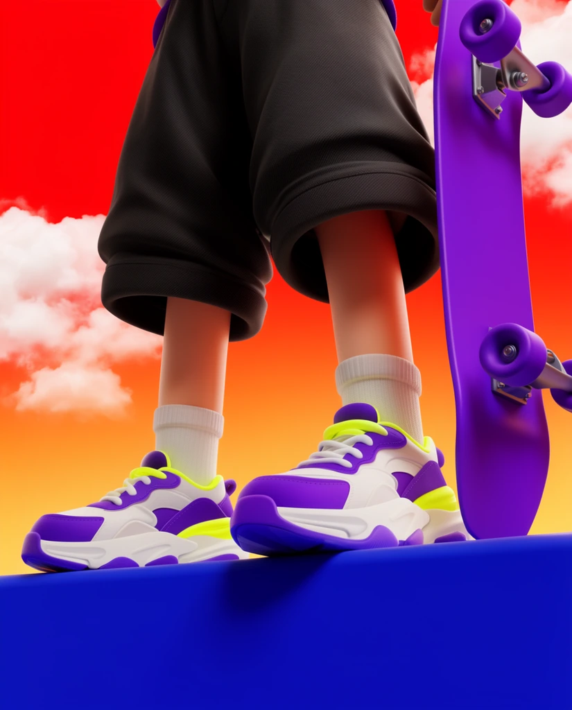 Low-angle 3D render of a character wearing baggy dark shorts and chunky purple, white, and neon-yellow sneakers on a vivid blue ledge. A purple skateboard rests vertically alongside against a vibrant red-to-orange gradient sky with white clouds.