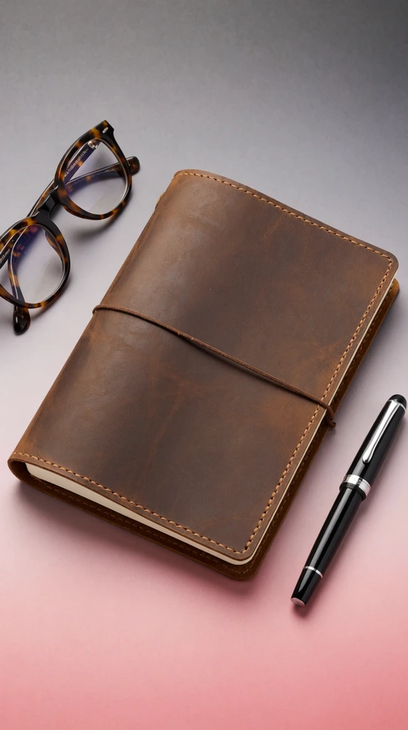 brown leather journal with stitching, tortoiseshell eyeglasses, black and silver fountain pen, smooth gray to pink gradient surface, diagonal flat lay, soft diffused lighting, minimalist product photography