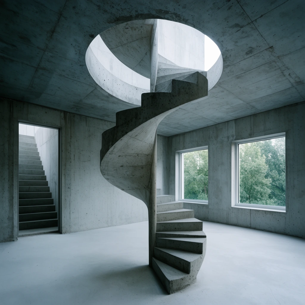 A minimalist, unfurnished interior anchored by a sculptural concrete spiral staircase twisting upward through a circular ceiling cutout. Exposed concrete walls and a smooth light gray floor define the stark space. Two square windows frame green trees outside, while a straight staircase is visible through a left doorway. Wide-angle architectural photography, cool diffused daylight.