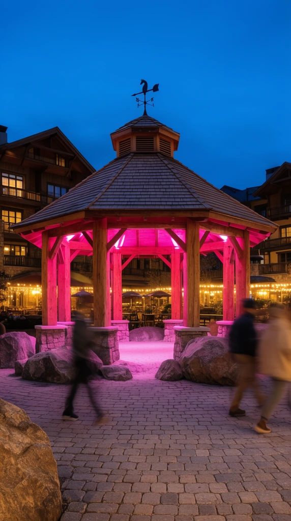 An octagonal wooden gazebo glowing with vibrant pink under-lighting anchors a cobblestone plaza at twilight. Thick timber pillars on stone bases support a tiered shingle roof topped with a weather vane, surrounded by large rugged boulders. Motion-blurred figures walk through the foreground. Background alpine-style buildings emit warm yellow light from windows and string-lit patios, contrasting sharply against the deep blue evening sky in this long-exposure architectural scene.