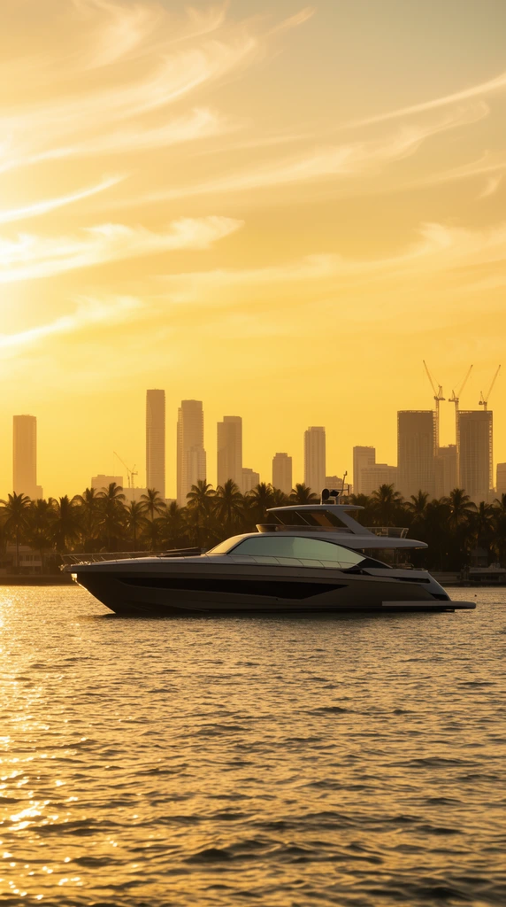 sleek yacht on rippled water with golden reflections, silhouetted coastal palm trees, distant city skyline with skyscrapers and cranes, glowing yellow sunset sky with wispy clouds, warm golden hour photography