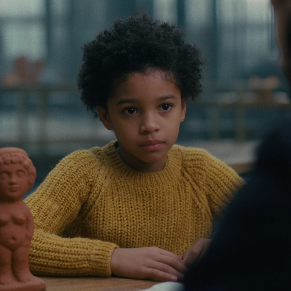 Young girl with short curly black hair and a focused expression, wearing a chunky mustard-yellow knit sweater, hands resting on a wooden table near a terracotta figure, over-the-shoulder view past a blurred dark adult silhouette in the foreground, cinematic 35mm film photography, shallow depth of field, blurred cool-toned industrial background, soft diffused interior lighting, subtle film grain