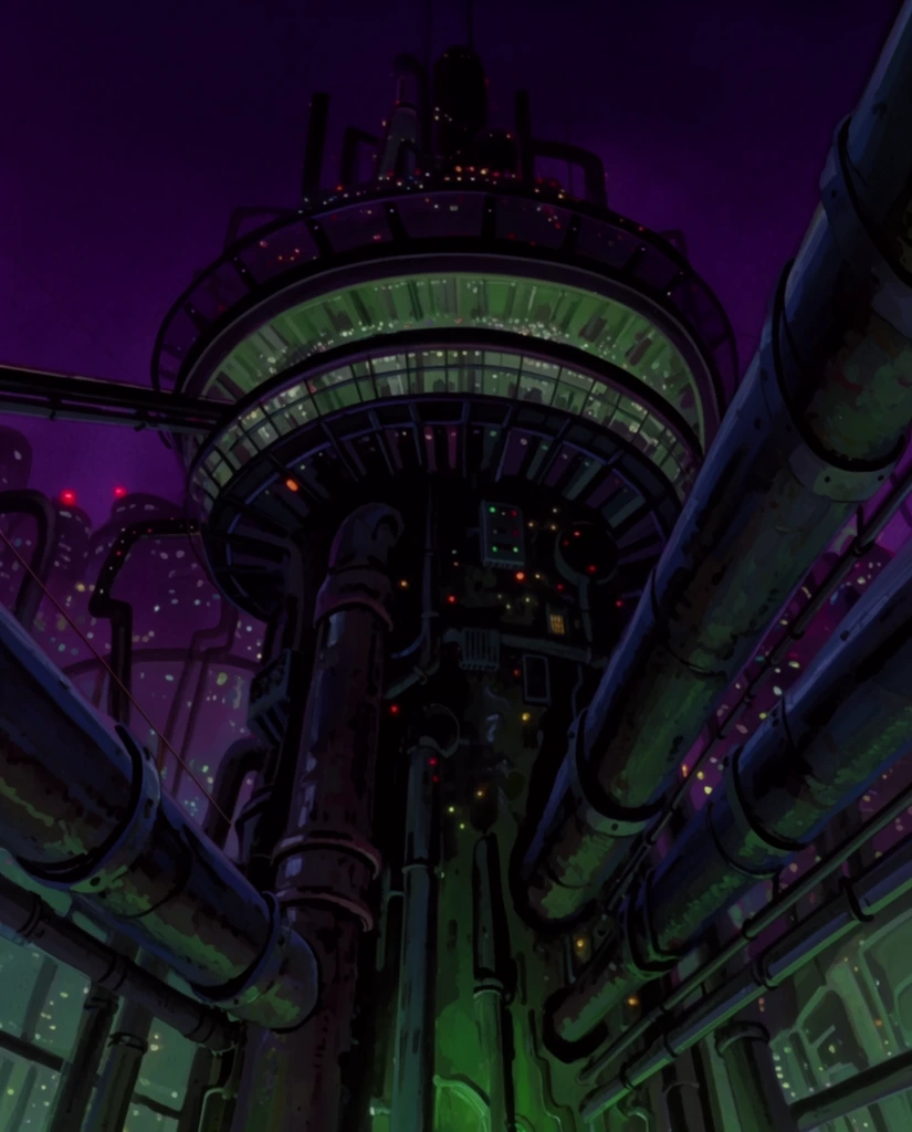 industrial cyberpunk complex at night, dark purple sky, massive pipes, glowing lights, circular multi-level structure, 2D animation background art