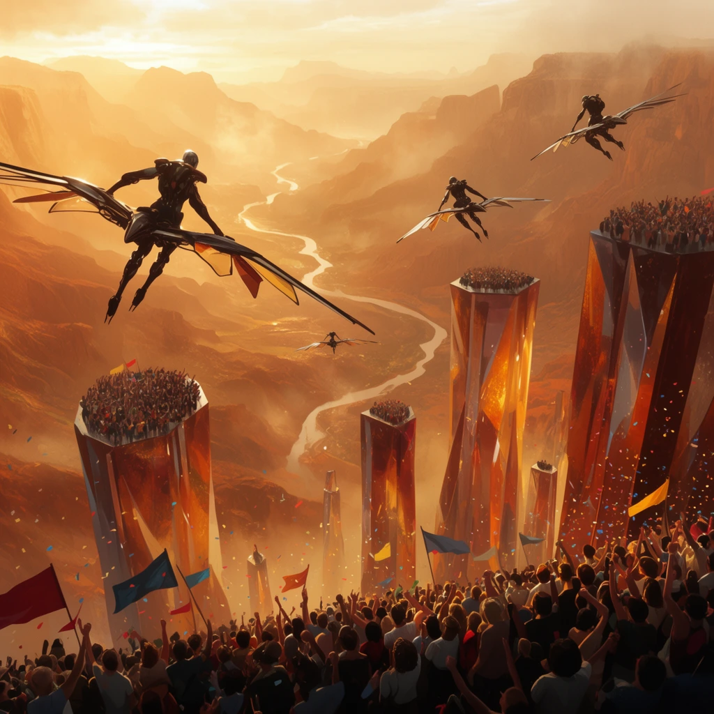 vast golden canyon landscape with an aerial race, silhouetted biomechanical humanoids riding winged mechanical gliders, colossal flat-topped crystalline spires serving as elevated viewing platforms, dense crowds cheering and waving pennants, scattered confetti, winding river in the hazy valley below, distant mountains fading into mist, cinematic digital concept art, sweeping epic composition, warm amber and burnt orange palette, strong atmospheric perspective, immense scale