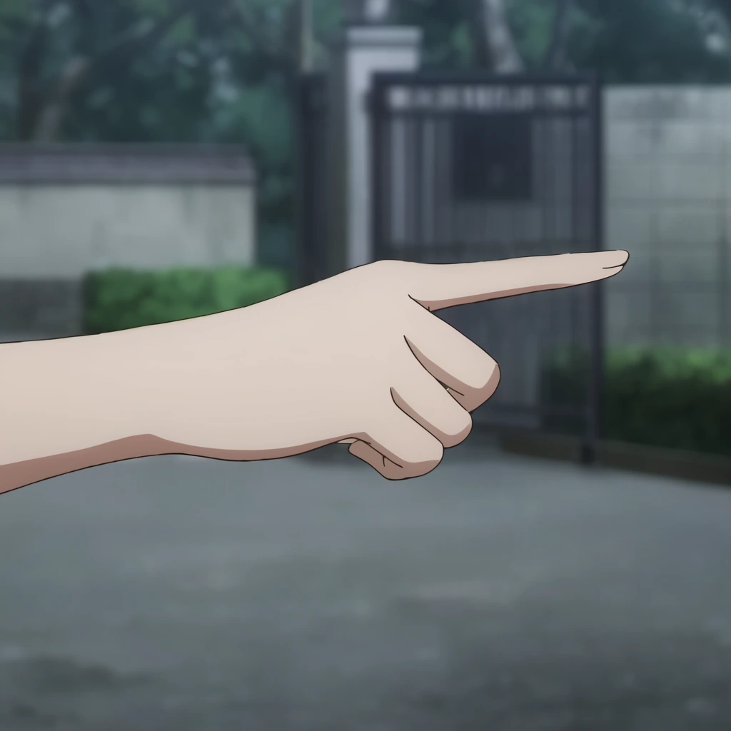 close-up of a pale arm extending horizontally from the left, index finger outstretched pointing right, remaining fingers gently curled, smooth skin with subtle cel-shaded shadow along the underside, Japanese anime animation style, shallow depth of field, heavily blurred outdoor background, open dark metal entrance gate, low stone walls, green bushes, subdued daylight palette of cool grays and muted greens, flat 2D coloring, cinematic framing focusing entirely on the hand gesture