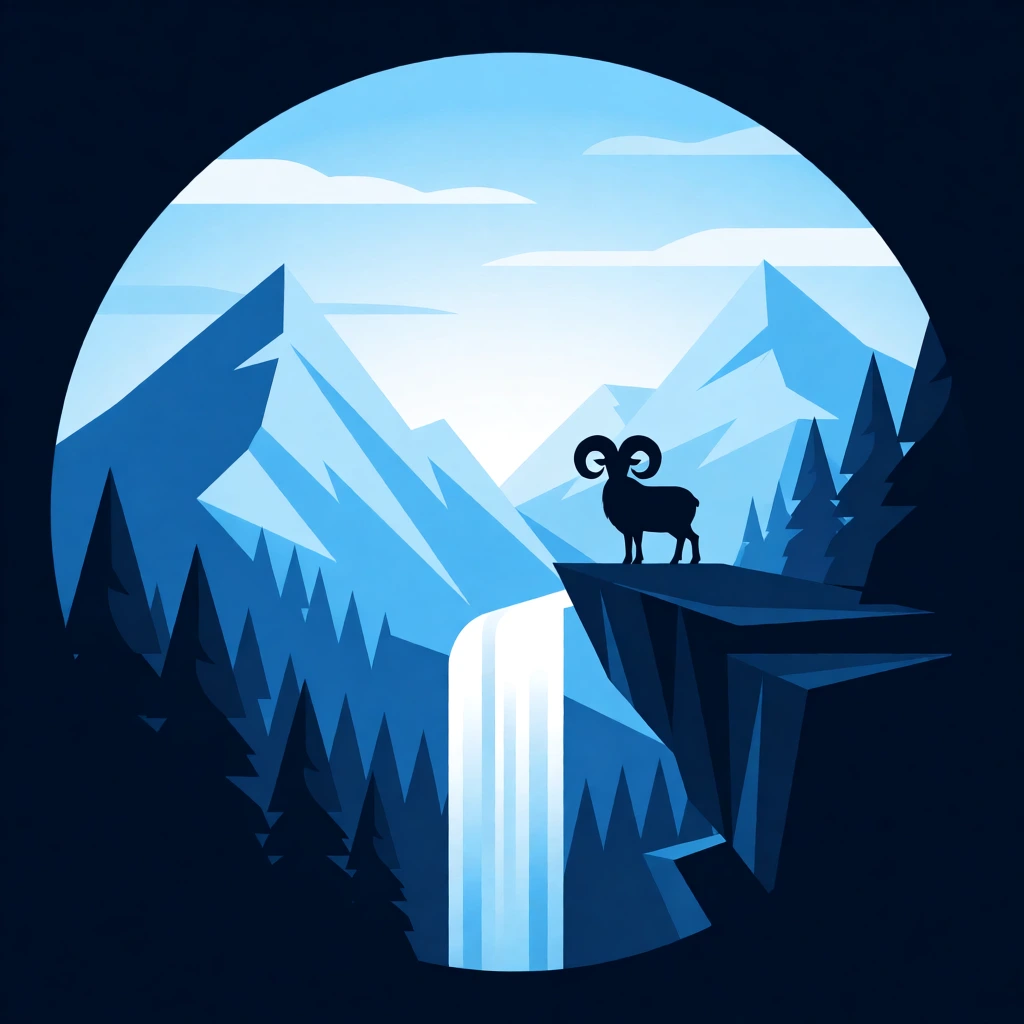 A circular minimalist vector illustration of a monochromatic blue mountain landscape. A silhouetted ram stands atop a jagged cliff beside a steep cascading white waterfall. Deep navy geometric pine trees and layered icy peaks frame the scene under a soft luminous sky with flat horizontal clouds.