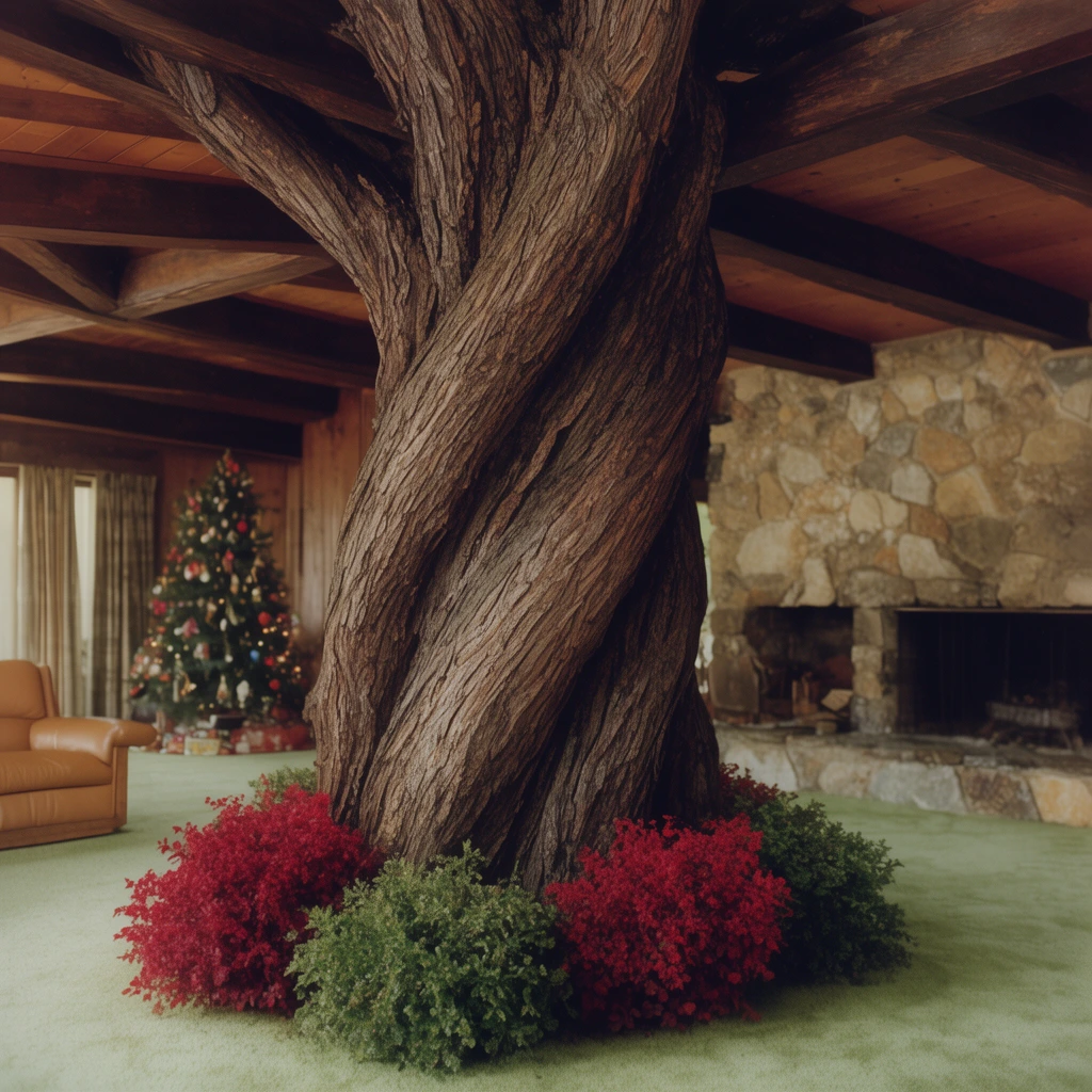 Massive twisting tree trunk dominating a retro living room, deep bark texture, red and green base bushes, light green carpet, dark wood ceiling beams, stone fireplace, distant decorated evergreen tree, warm muted vintage 1970s organic architecture photography