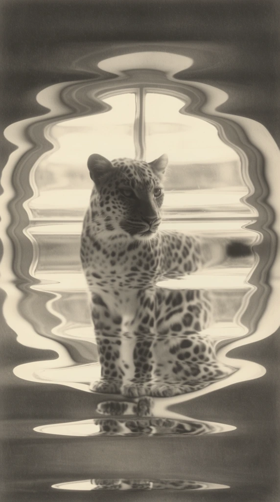 A single leopard standing inside a circular window is rendered in a vintage, warm-toned monochromatic palette of charcoal grays and sepia-tinted off-whites. Heavy horizontal, wave-like distortions stretch, compress, and fragment the leopard and the window frame into undulating fluid bands. The leopard's spotted coat and the sharp geometry of the circular opening bend organically along these horizontal axes, creating a severely abstracted, rippled optical effect. Soft, diffused lighting interacts with the visual distortion to form stark white specular highlights along the crests of the ripples, contrasting intensely with the deep gray, meticulously shaded shadows. The image possesses a matte, granular texture characteristic of a soft-focus historical silver gelatin print or a highly blended graphite drawing, bathing the surreal, fragmented composition in an ethereal, moody atmosphere.