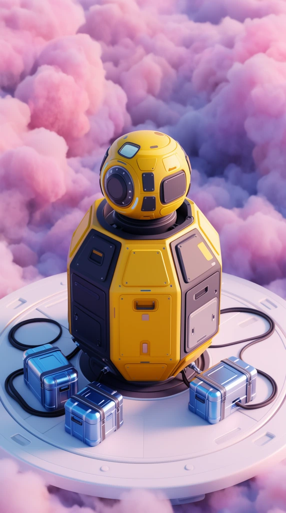 hexagonal cargo spacecraft with top-mounted spherical command pod, bright yellow and dark grey hull panels, resting on a pristine white circular landing platform, metallic blue crates nearby with thick black connecting cables, dense pink and purple volumetric clouds in background, stylized 3D render, soft pastel lighting, high angle perspective, tilt-shift miniature effect