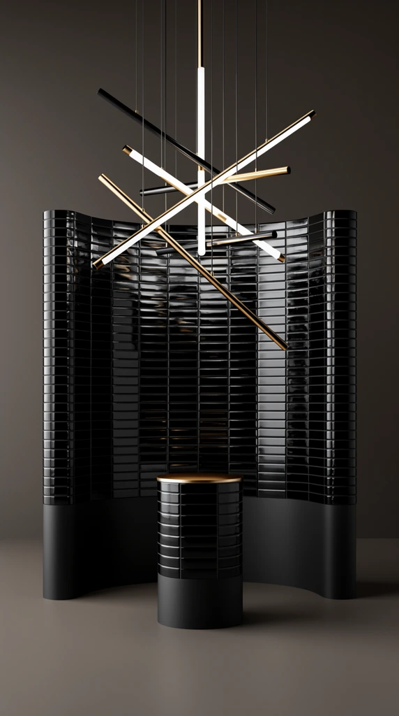 A geometric pendant light hangs before a curved, glossy black tiled room divider. The asymmetrical chandelier features luminous white tubes intersecting polished gold and black metal bars, suspended by thin cables. The undulating freestanding screen uses horizontal glossy black tiles, transitioning to matte black at its base. A matching cylindrical pedestal with a gold top sits in the foreground. Set against a seamless dark taupe studio backdrop, the composition highlights high-end minimalist design, high-contrast reflective textures, and sleek photorealistic 3D rendering.