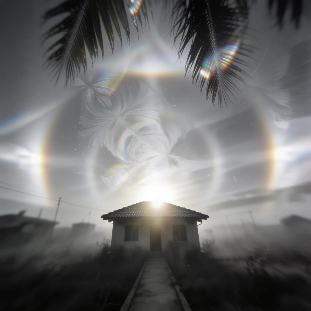 centered house with a tiled roof silhouetted against a brilliant low sun at the bottom of the frame, a central walkway receding into a dense atmospheric haze, overhanging palm fronds catching prismatic flare, complex circular ice halos and parhelia with spectral dispersion, soft-focus ethereal aesthetic, low-contrast charcoal and muted gray palette, wide-angle lens distortion, grainy texture, high-key bloom, symmetrical composition, otherworldly optical phenomena