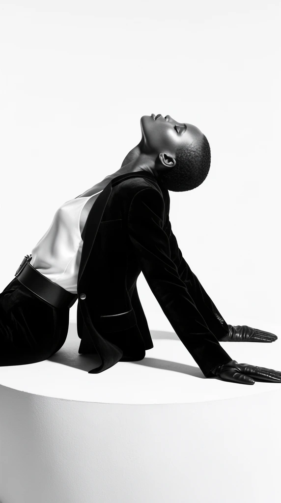 A muscular female model arches backward across a white cylindrical platform in a stark black and white fashion editorial. She wears an open dark velvet tuxedo jacket, white silk camisole, wide leather belt, and black leather gloves. Her arms spread wide, hands resting flat, head tilted back with short cropped hair. Harsh studio lighting isolates her sleek silhouette against a seamless white background.