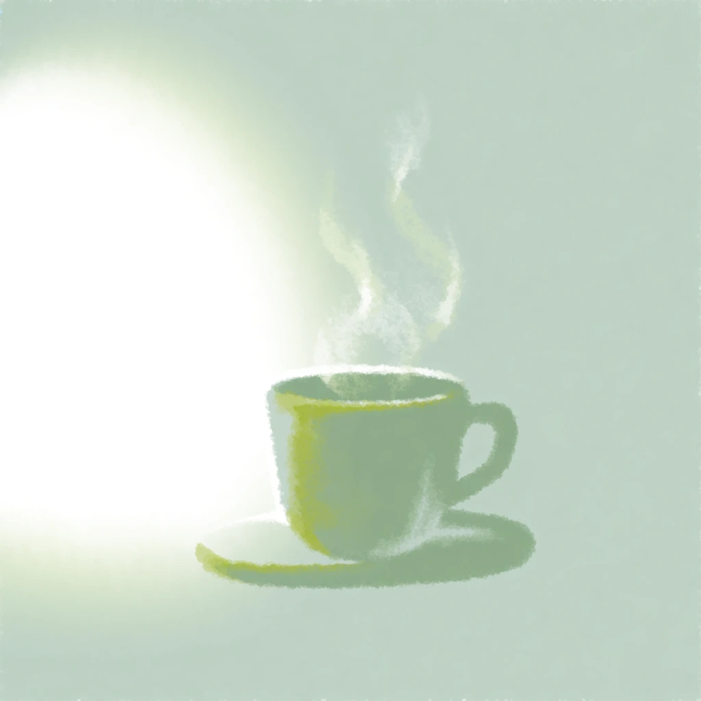 a minimalist cup with ephemeral wisps of steam on a soft oval base, rendered in a grainy impressionistic pastel aesthetic, palette of muted seafoam and deep forest green with luminous chartreuse highlights, ethereal diffused lighting with high-key glowing white patches, soft-focus edges with a tactile paper tooth texture, stippled application of color creating translucent overlapping organic shapes, a quiet dreamlike atmosphere, high-signal artistic minimalism.