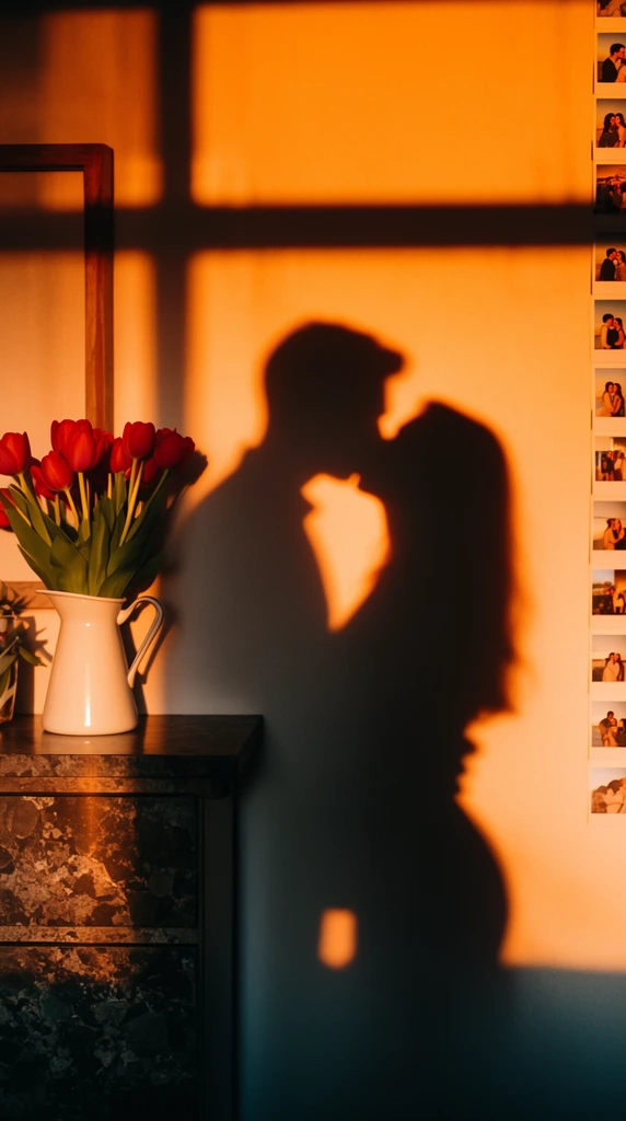shadow of a couple kissing on a sunlit wall, intense golden hour lighting with deep orange tones, dark shadow of a window frame intersecting the scene, vivid red tulips in a white ceramic pitcher on a dark mottled stone cabinet in the left foreground, vertical row of small photo prints on the right edge, high contrast between bright light and dark silhouettes, intimate romantic mood, warm color palette, candid lifestyle photography