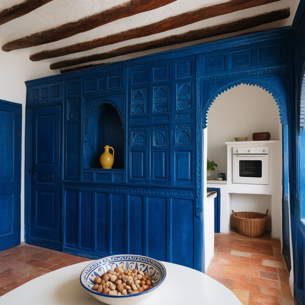 A deep blue wooden partition with carved panels spans an interior room beneath exposed dark brown ceiling beams. An arched niche in the wood holds a yellow jug. A scalloped archway on the right reveals a white kitchen with a built-in oven and a wicker basket. Terracotta tiles cover the floor. In the immediate foreground, a patterned ceramic bowl filled with nuts sits on a white table. Natural daylight illuminates the vibrant blue woodwork, earthen floor, and crisp white walls.