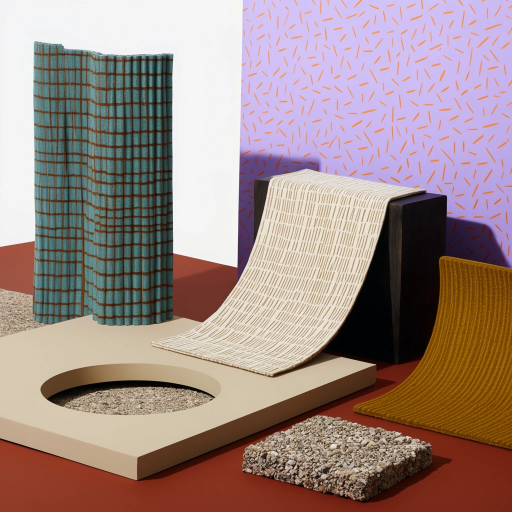 architectural still life of patterned textiles and rigid planes, beige platform with circular cutout and rough gravel square, corrugated teal fabric with brown grid, dark block draped in cream linear fabric, curved mustard textile, light purple backdrop with orange dash patterns, solid reddish-brown floor, white background, sharp studio lighting, hard shadows, high-end editorial photography, modernist color blocking