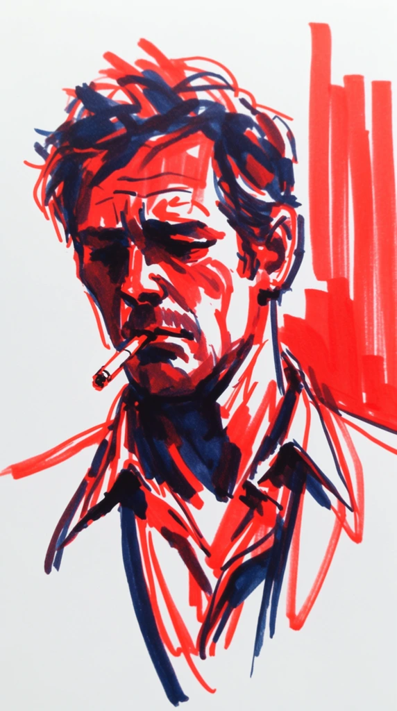 expressive marker sketch of a man smoking a cigarette, vibrant red and dark navy blue ink on a crisp white background, bold and raw strokes, serious downward gaze, tousled hair, layered collared shirt, heavy facial shadows rendered in dark navy, bright red lines defining facial contours, abstract blocky red vertical strokes in the background right, loose spontaneous drawing style, overlapping unblended marker lines, chest-up portrait