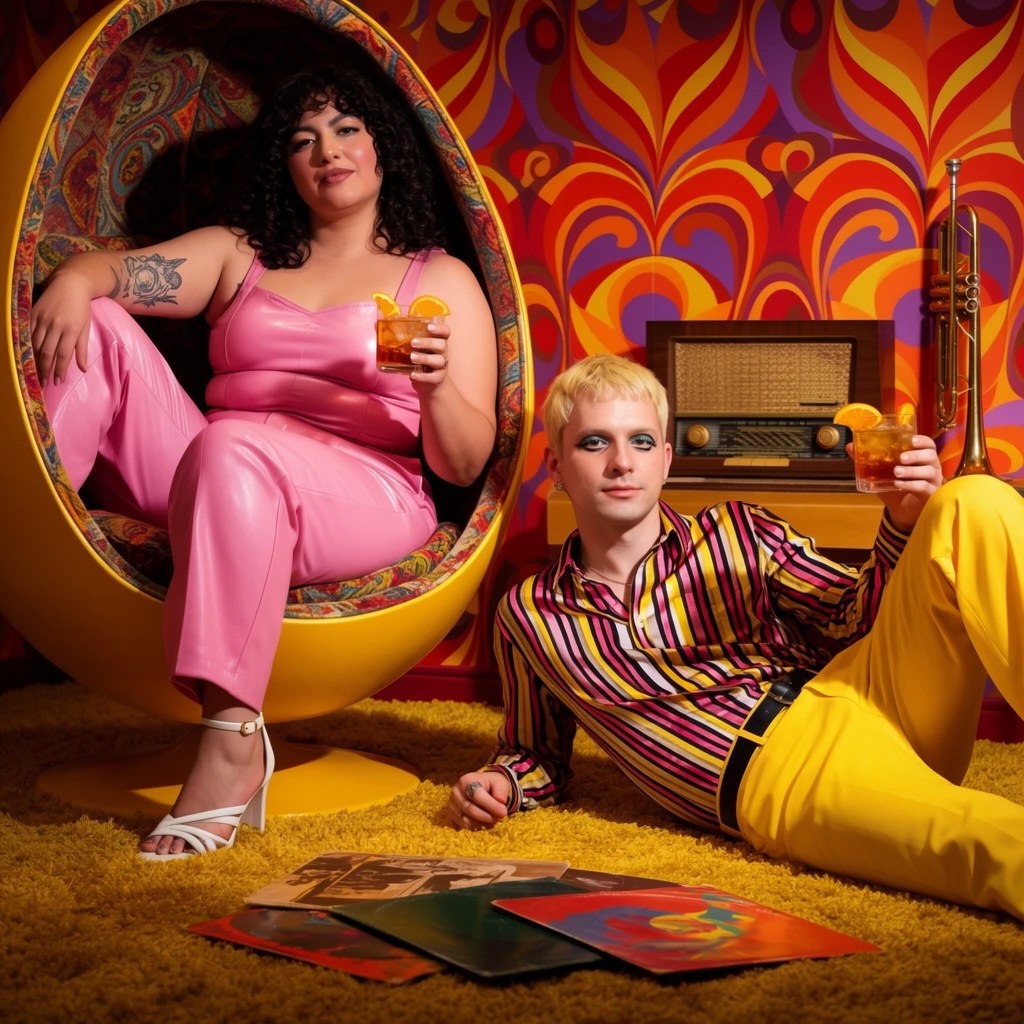 A vibrantly stylized portrait of two individuals in a retro-themed room saturated with bold patterns and colors. On the left, a woman with dark curly hair sits casually in a large, egg-shaped yellow chair lined with patterned fabric, wearing a smooth pink top and trousers, and white strappy heels. Her right arm rests on the chair's edge, showing a tattoo, while she holds a drink garnished with an orange slice in her left hand. To her right, a man with short blonde hair and distinct eyeliner reclines on a mustard yellow shag carpet. He wears a vertically striped shirt in shades of pink, yellow, and black, paired with bright yellow trousers. He leans on his left elbow, holding a similar garnished drink in his right hand. The background features wallpaper with swirling, geometric patterns in orange, red, purple, and yellow. A vintage wooden radio sits on a surface behind the man, with a gold trumpet leaning against the wall nearby. Scattered on the carpet in the foreground are vinyl records in colorful sleeves. The lighting is warm and dramatic, casting distinct shadows and highlighting the glossy textures of the woman's clothing and the plush rug.